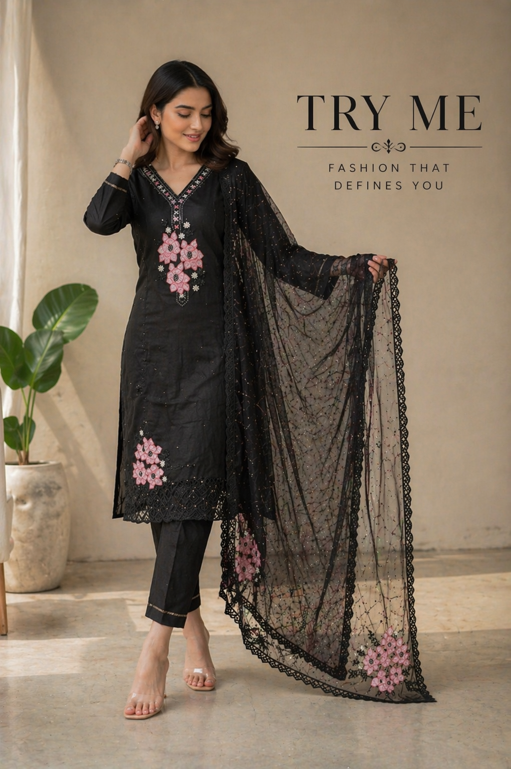 Black Floral Embroidered 3-Piece Suit