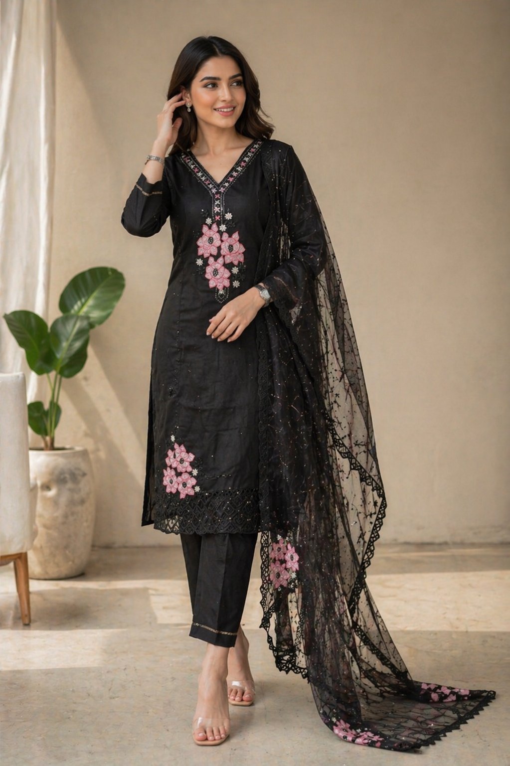 Black Floral Embroidered 3-Piece Suit