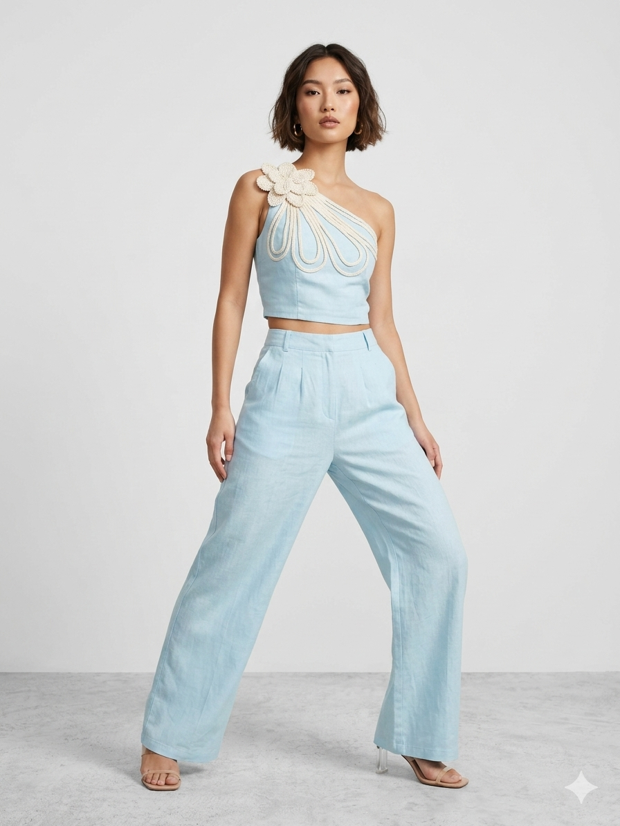 Sky Blue One-Shoulder Floral Co-ord Set – TRY ME