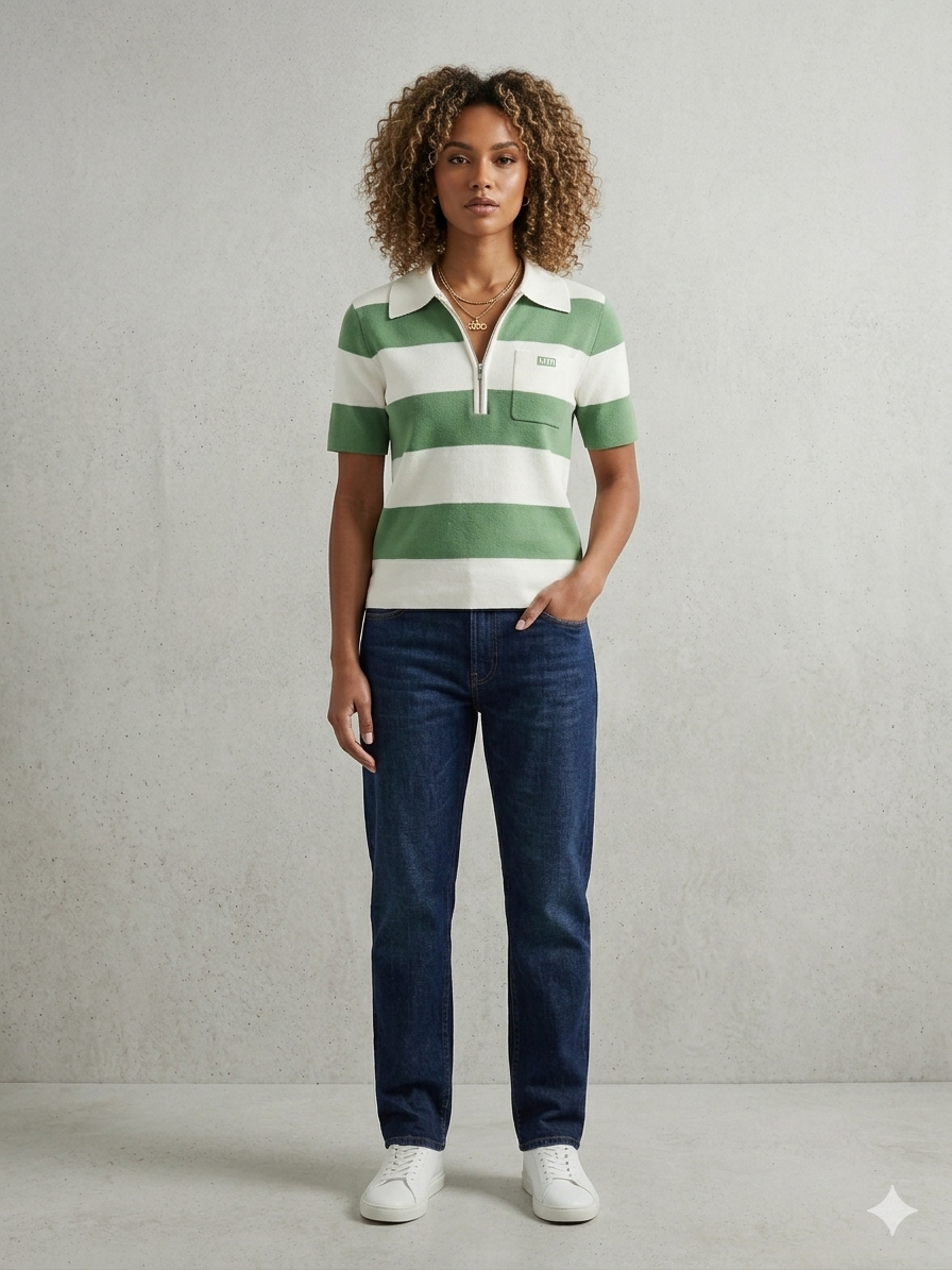 Green & White Striped Zip Polo Knit Top – TRY ME