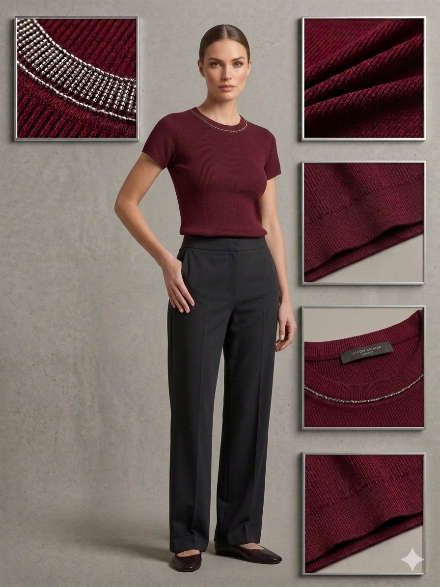 Burgundy Crystal-Trim Ribbed Knit Crop Tee – TRY ME