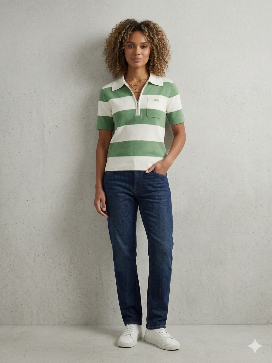 Green & White Striped Zip Polo Knit Top – TRY ME