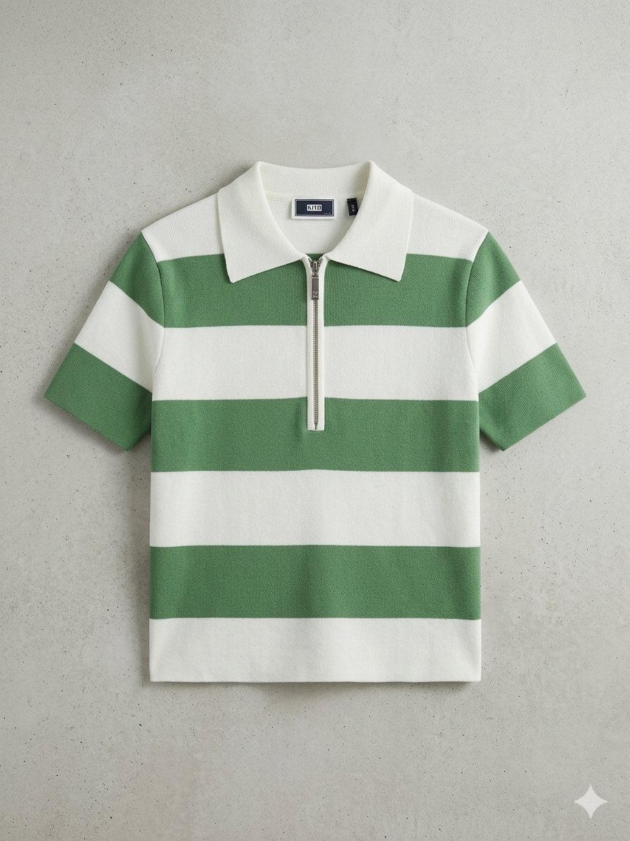 Green & White Striped Zip Polo Knit Top – TRY ME