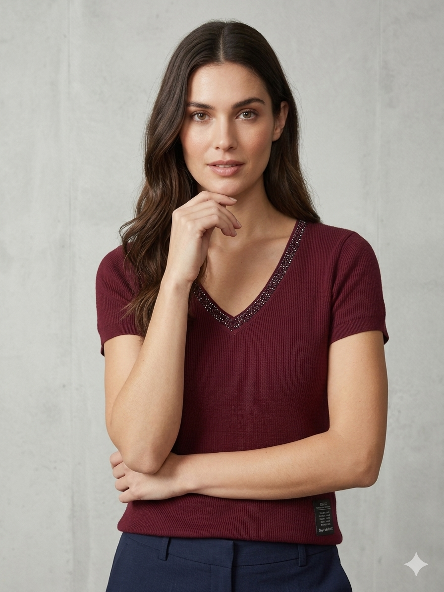 Burgundy Sequin V-Neck Ribbed Knit Top – TRY ME