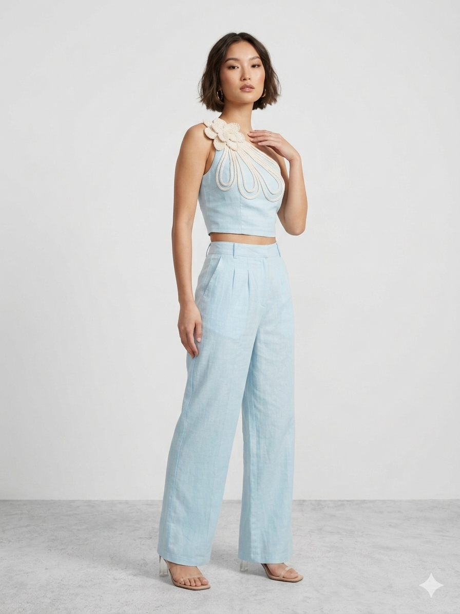 Sky Blue One-Shoulder Floral Co-ord Set – TRY ME
