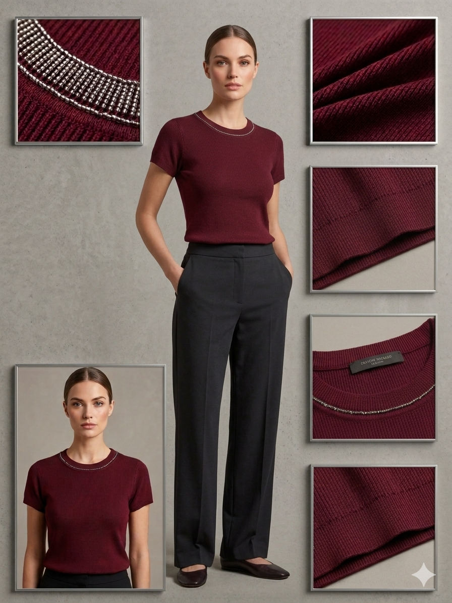 Burgundy Crystal-Trim Ribbed Knit Crop Tee – TRY ME