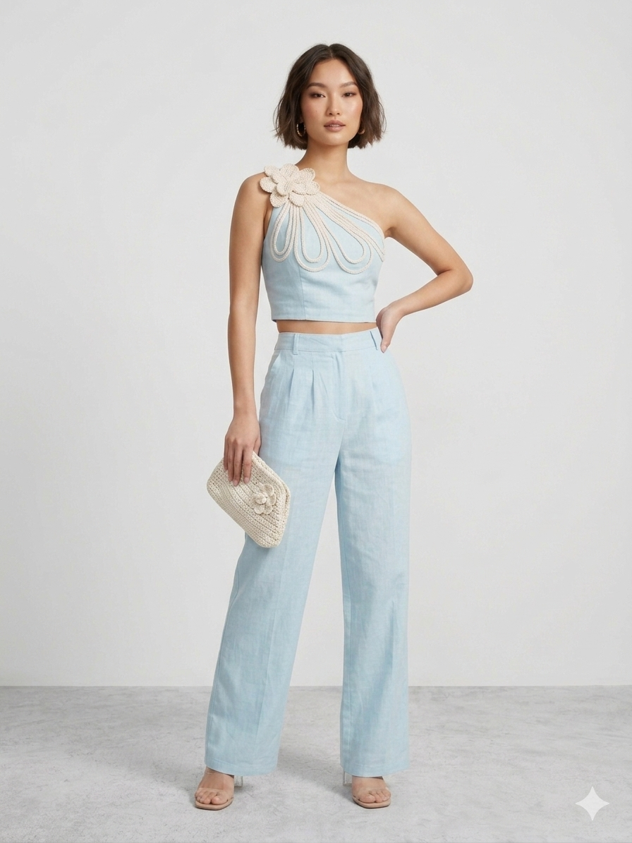 Sky Blue One-Shoulder Floral Co-ord Set – TRY ME