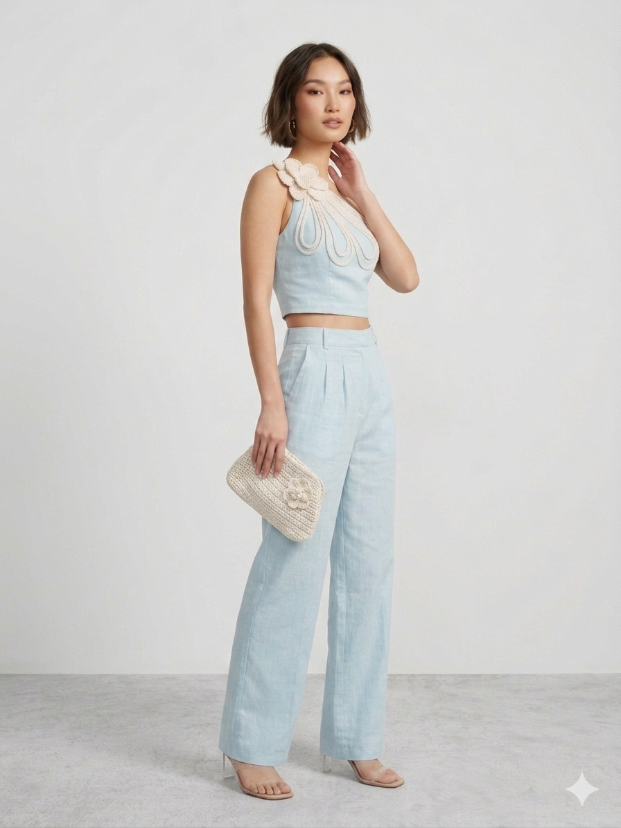 Sky Blue One-Shoulder Floral Co-ord Set – TRY ME