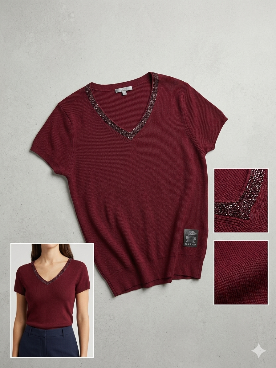 Burgundy Sequin V-Neck Ribbed Knit Top – TRY ME