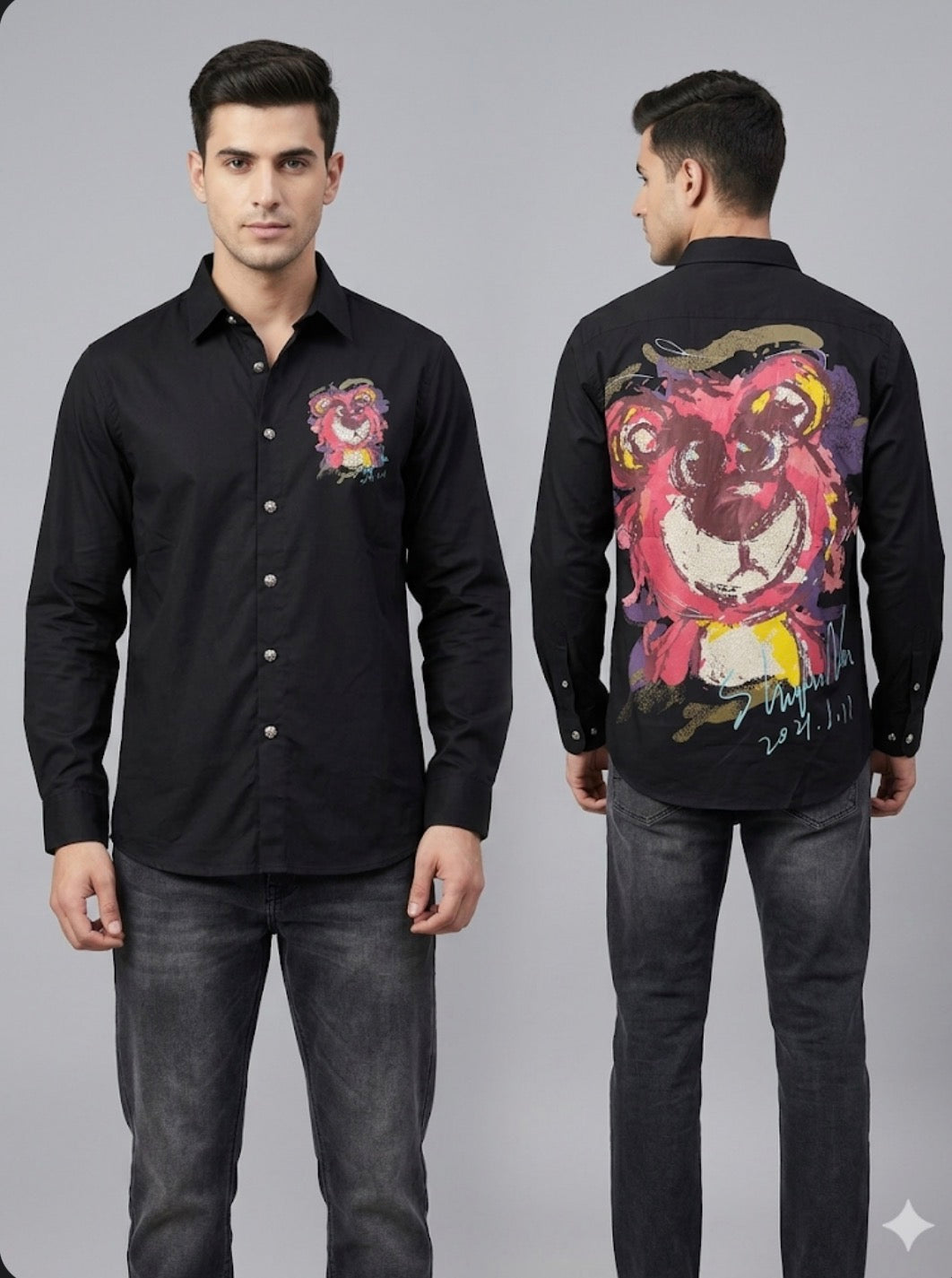 Black Artistic Bear Graphic Print Full Sleeve Shirt