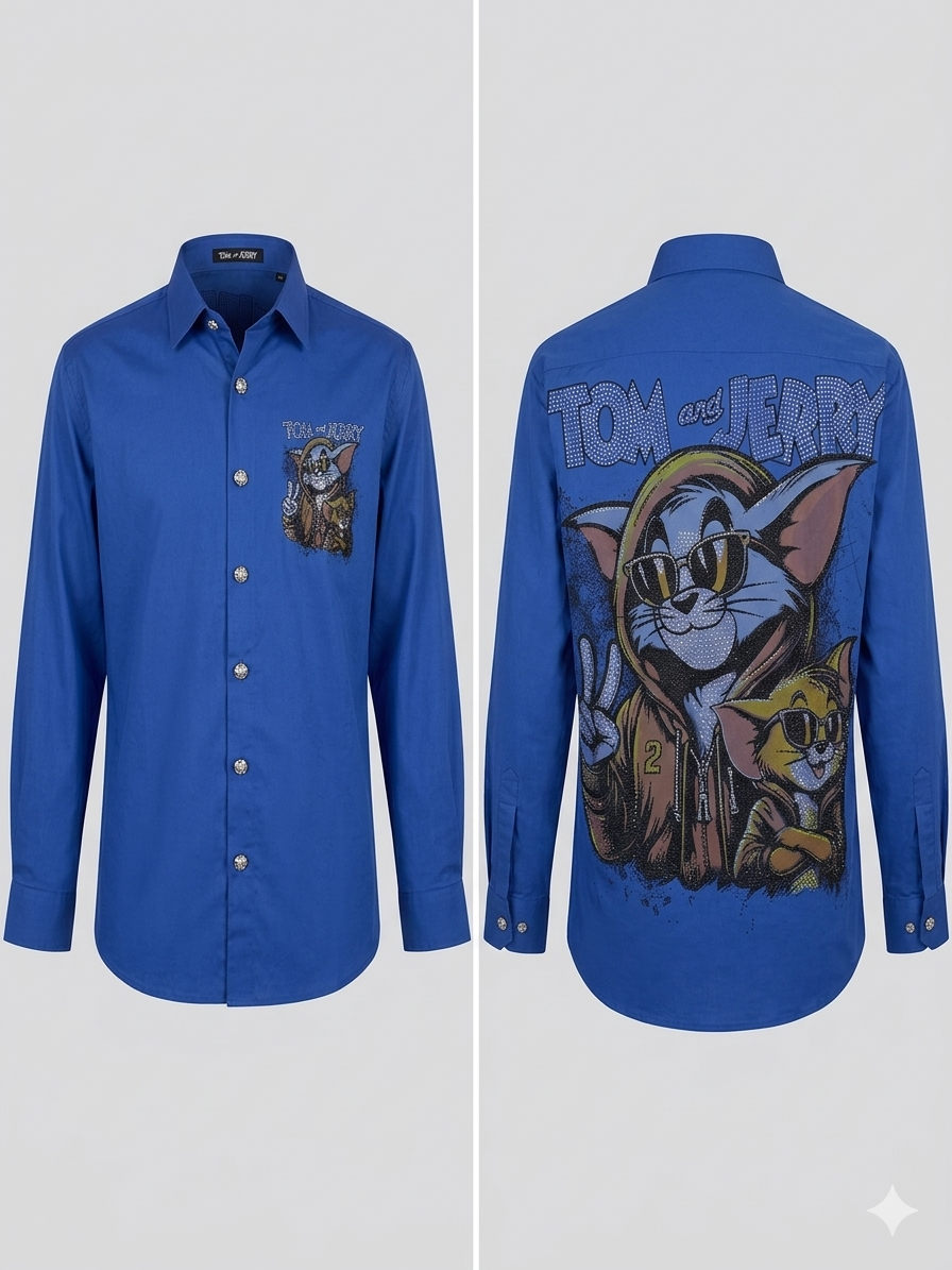 Tom and Jerry Blue Rhinestone Graphic Full Sleeve Shirt