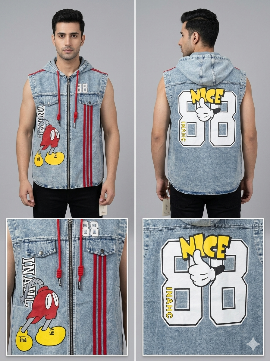 INAHC 88 Light Blue Hooded Sleeveless Denim Jacket