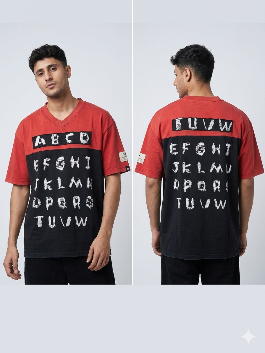 Red & Black Alphabet Print Colour Block Oversized T-Shirt
