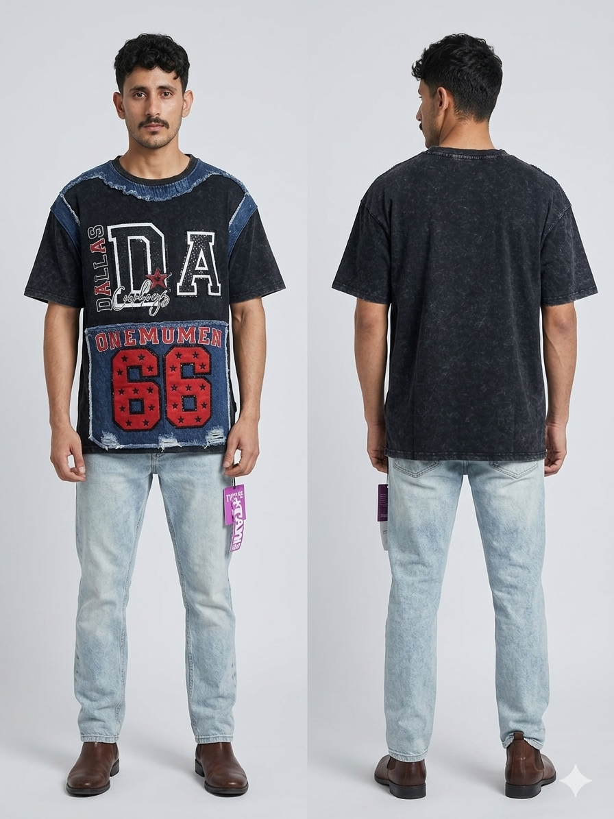 Dallas Cowboys Onemumen 66 Denim Patch Washed Oversized T-Shirt