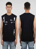 Black Multi-Patch Graffiti Graphic Sleeveless Vest T-Shirt