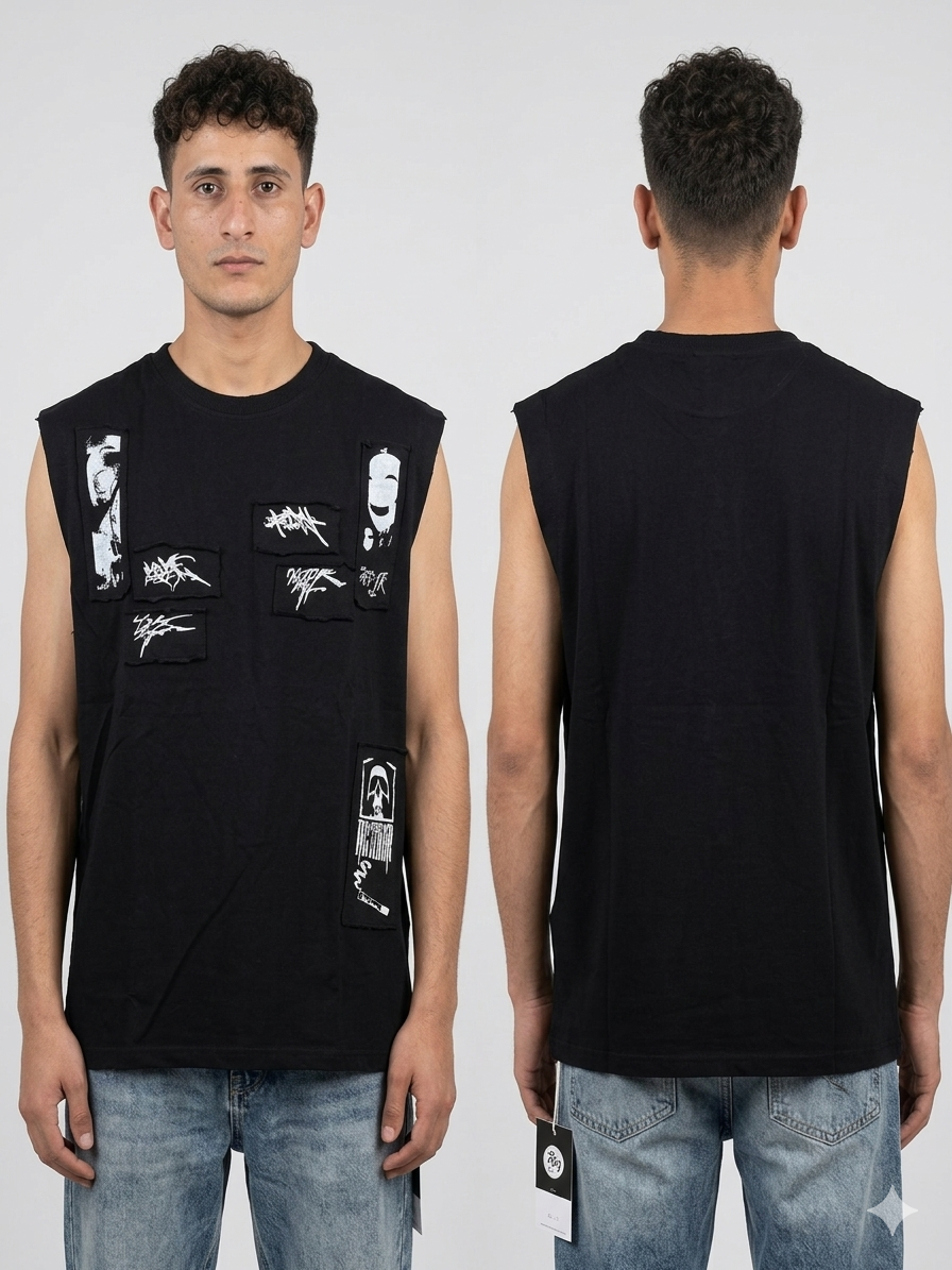 Black Multi-Patch Graffiti Graphic Sleeveless Vest T-Shirt