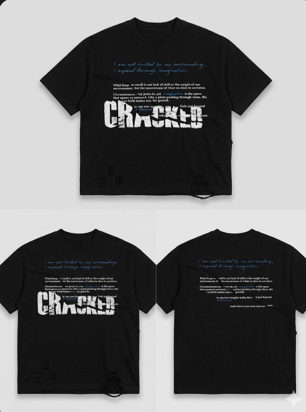 CRACKED Black Distressed Text Graphic Oversized T-Shirt