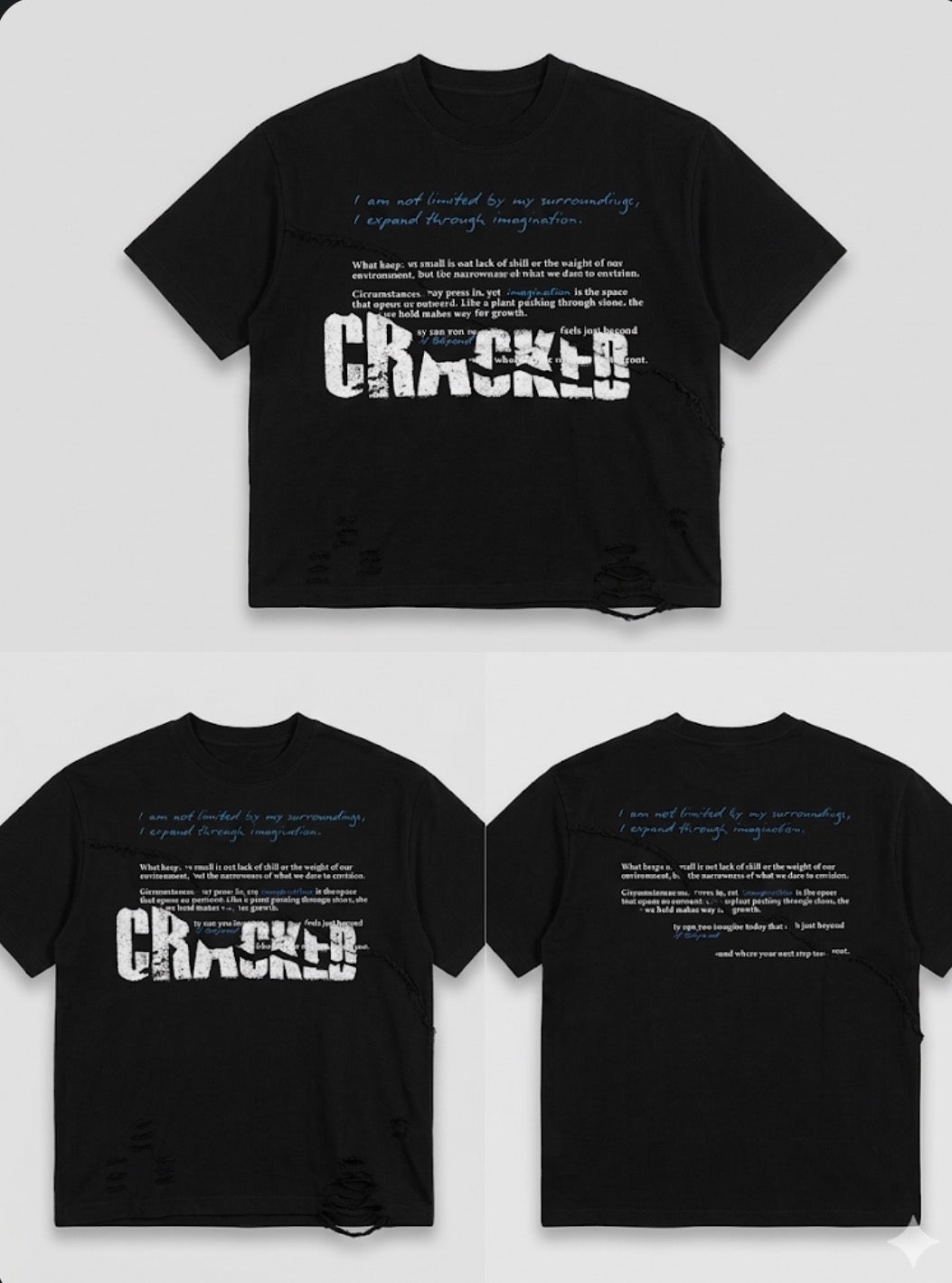 CRACKED Black Distressed Text Graphic Oversized T-Shirt