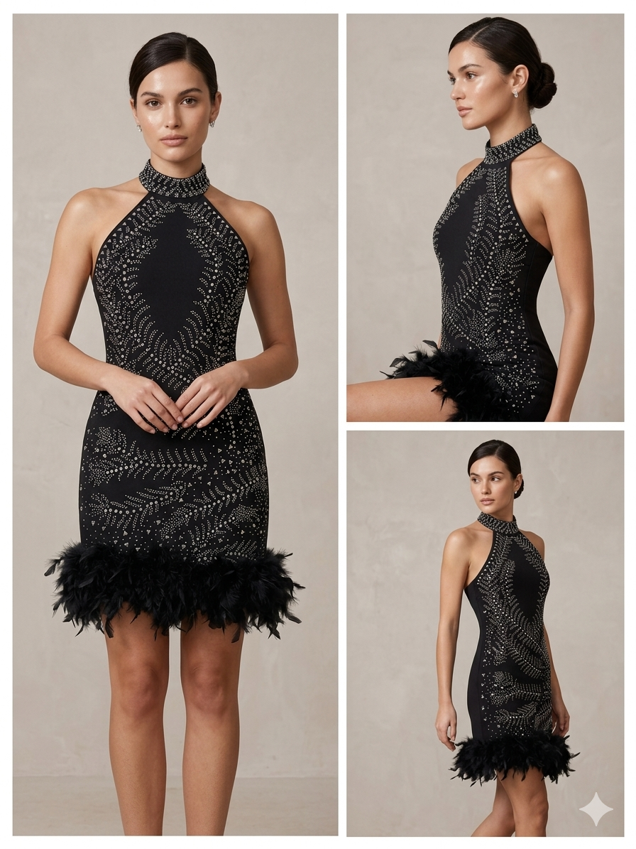 Crystal Feather Halter Mini Dress – TRY ME Exclusive