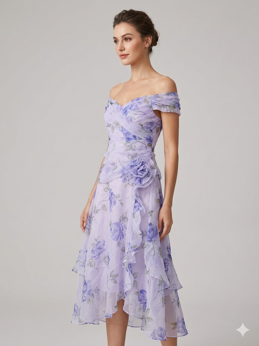 Floral Rosette Off-Shoulder Ruffle Dress – TRY ME Exclusive