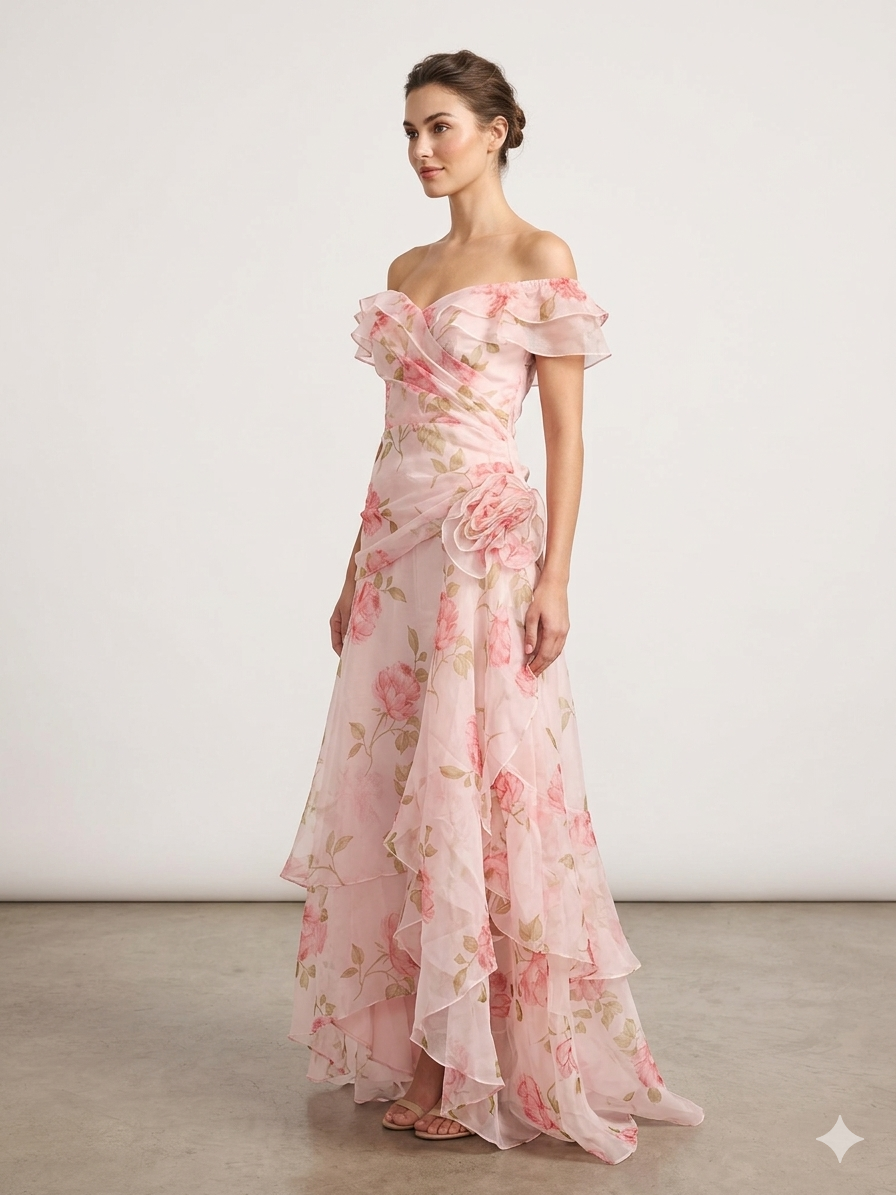 Floral Rosette Off-Shoulder Ruffle Dress – TRY ME Exclusive
