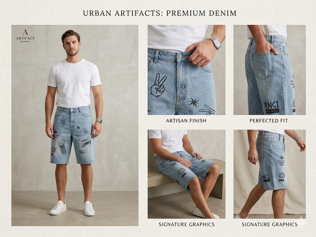 Urban Artifacts Premium Denim Shorts – Signature Graphic Edition