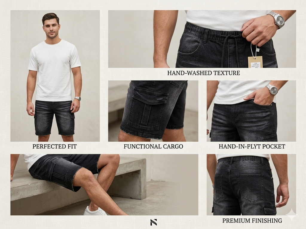Black Cargo Denim Shorts – Hand-Washed Premium Edition