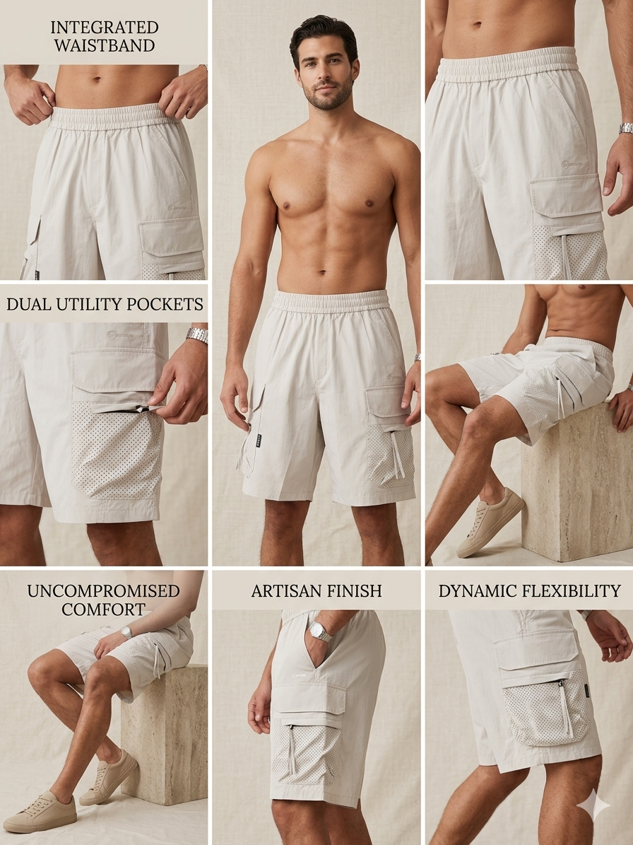 Stone White Technical Cargo Shorts – Mesh Utility Edition