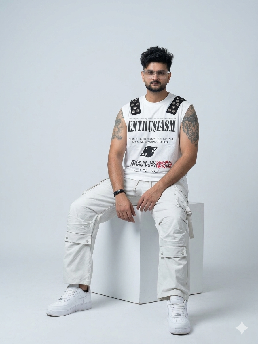 Enthusiasm Graphic Muscle Vest & Cargo Co-ord Set – White