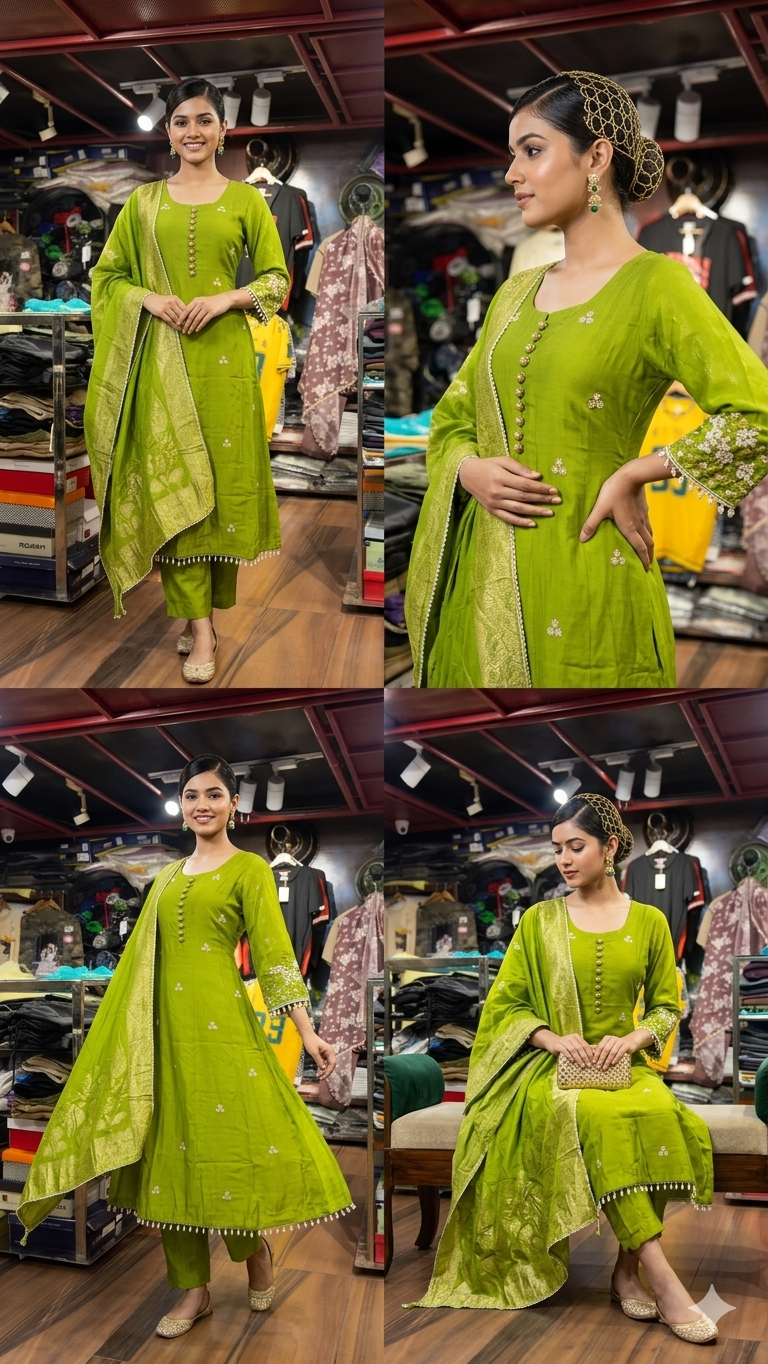 Lime Green Embroidered 3-Piece Suit with Banarasi Dupatta