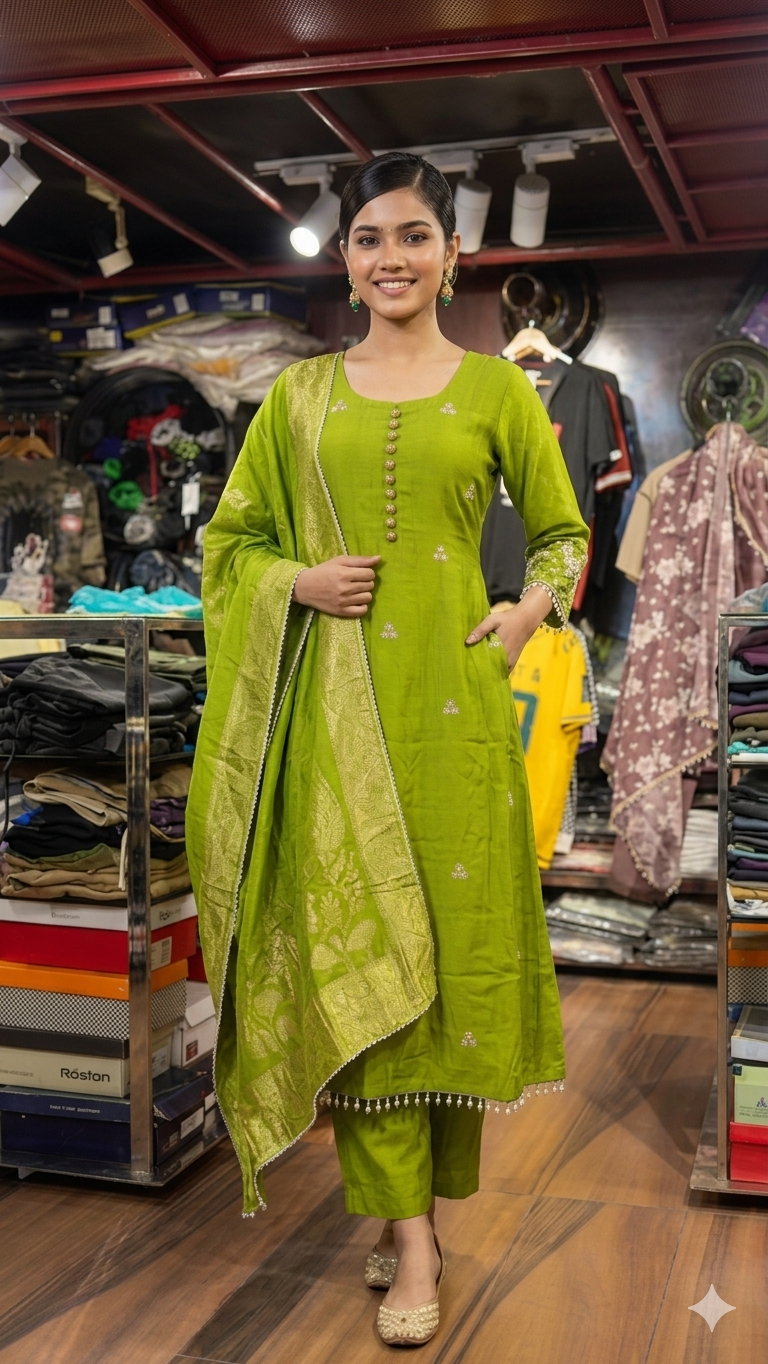 Lime Green Embroidered 3-Piece Suit with Banarasi Dupatta