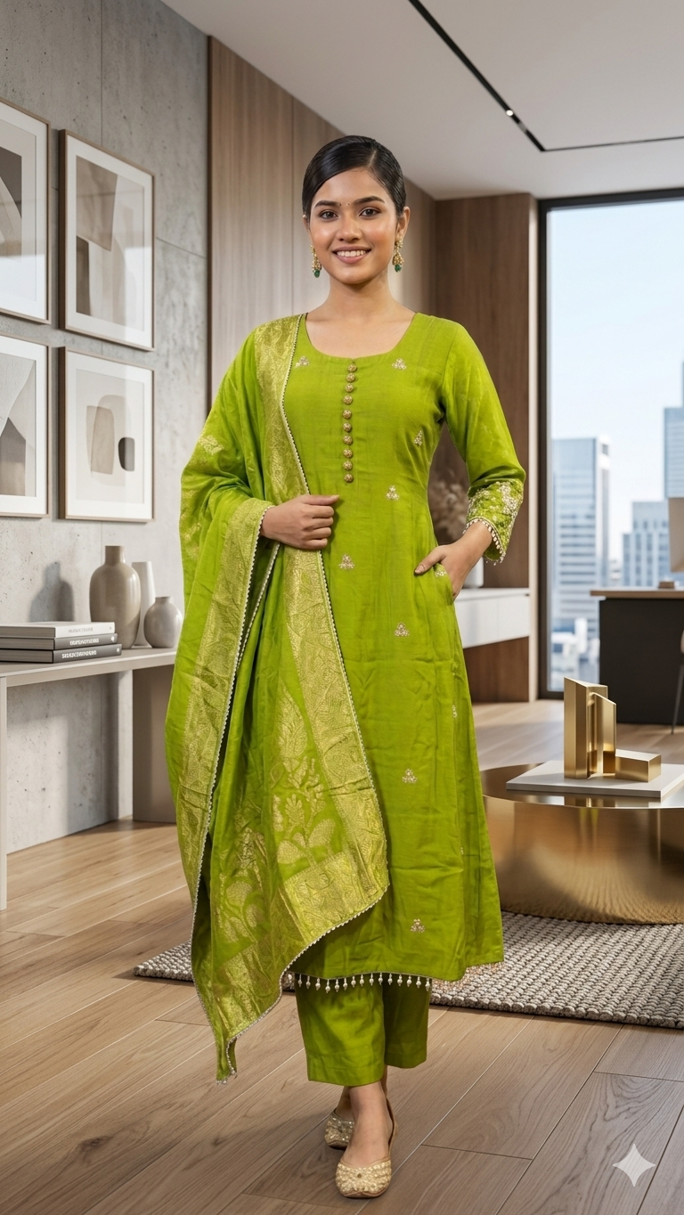 Lime Green Embroidered 3-Piece Suit with Banarasi Dupatta