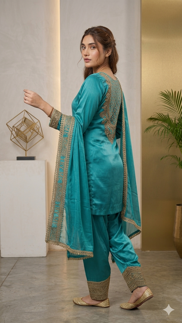 Teal Zari Embroidered 3-Piece Suit – Aesthetic Heritage Collection