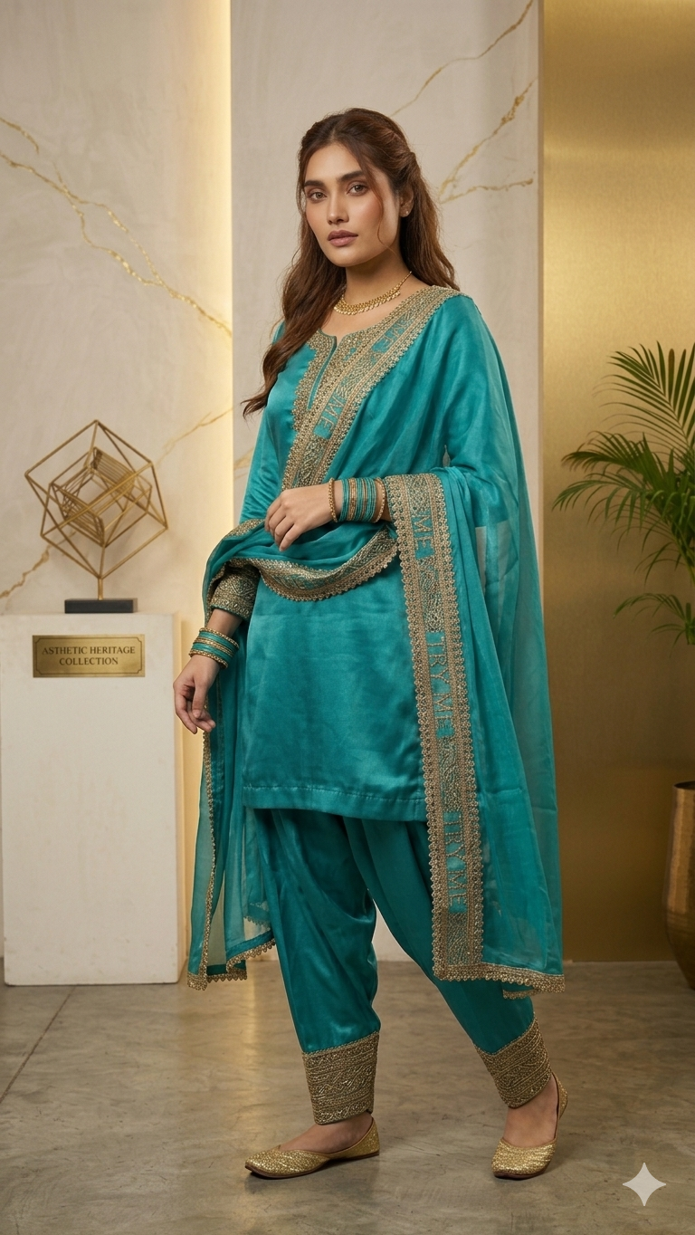 Teal Zari Embroidered 3-Piece Suit – Aesthetic Heritage Collection
