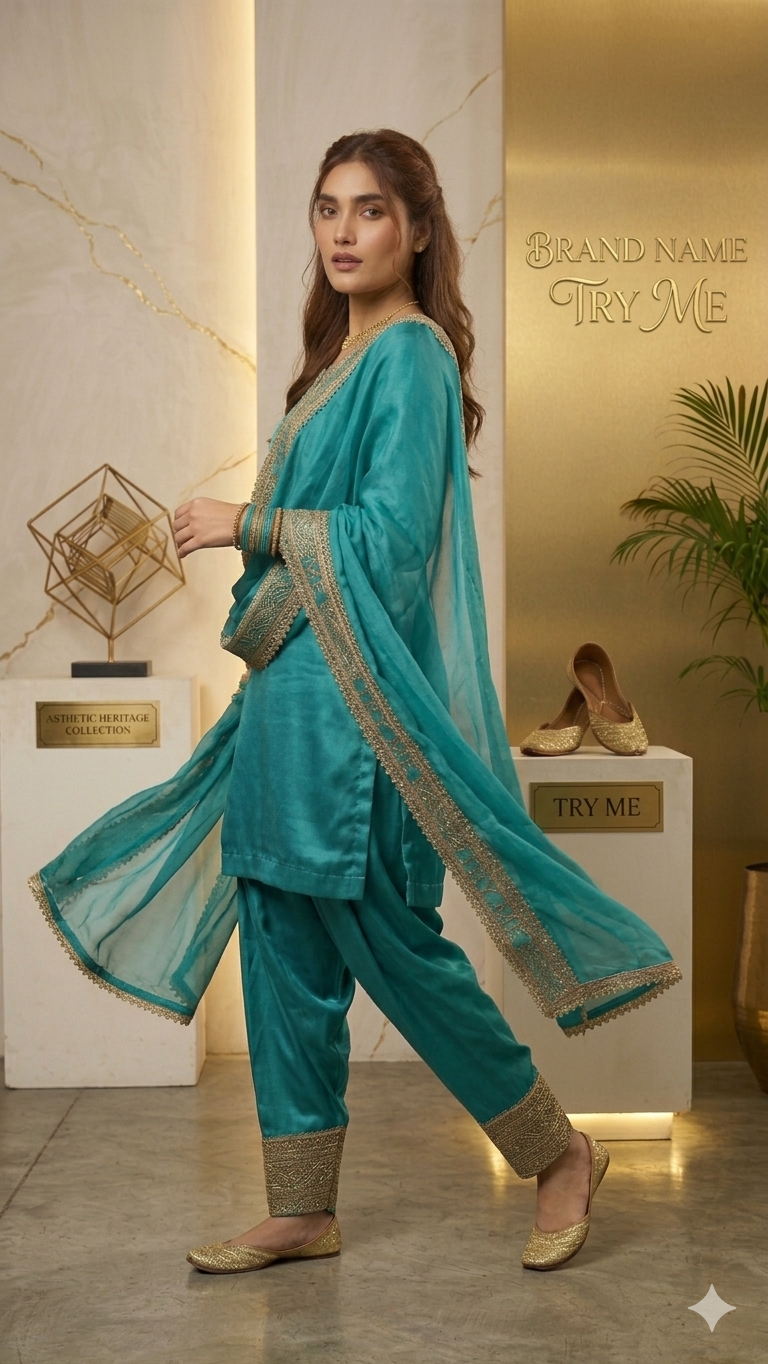 Teal Zari Embroidered 3-Piece Suit – Aesthetic Heritage Collection