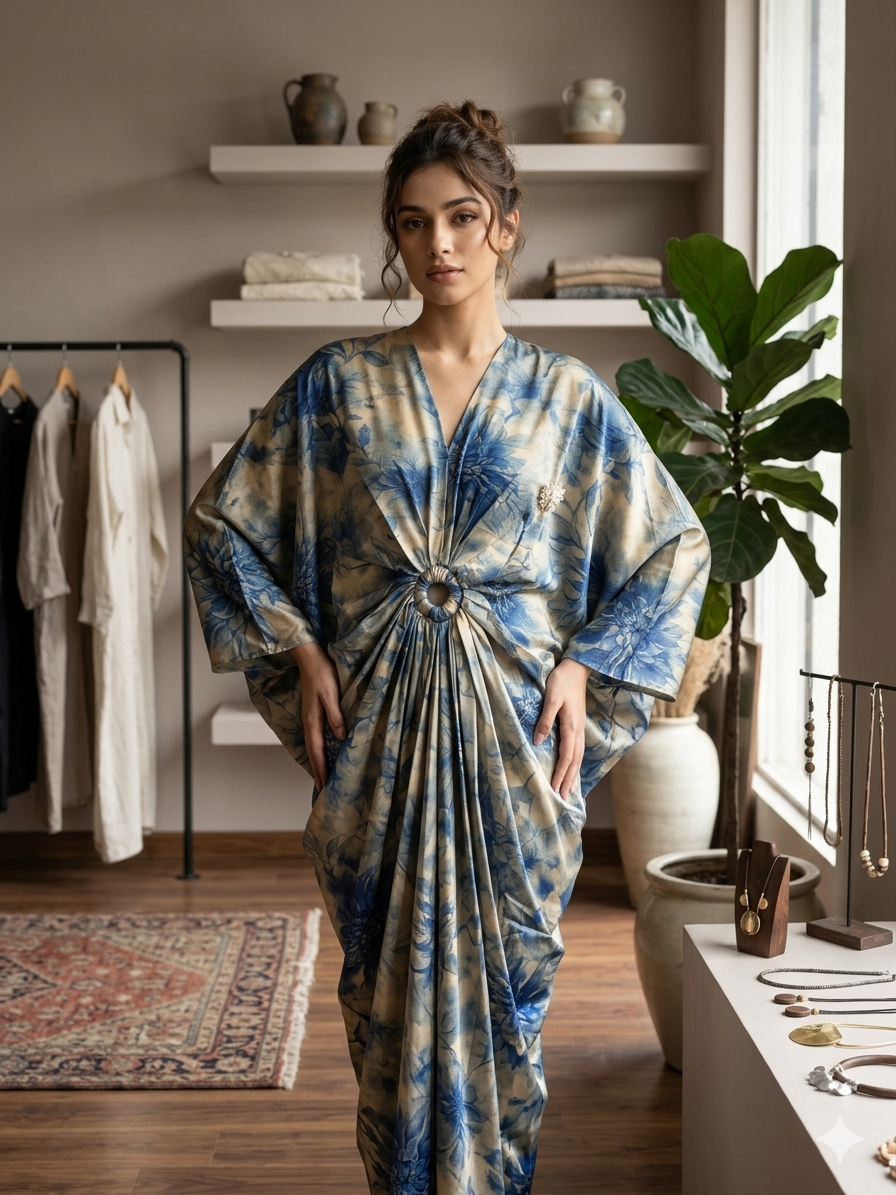 Blue Floral Draped Kaftan – TRY ME