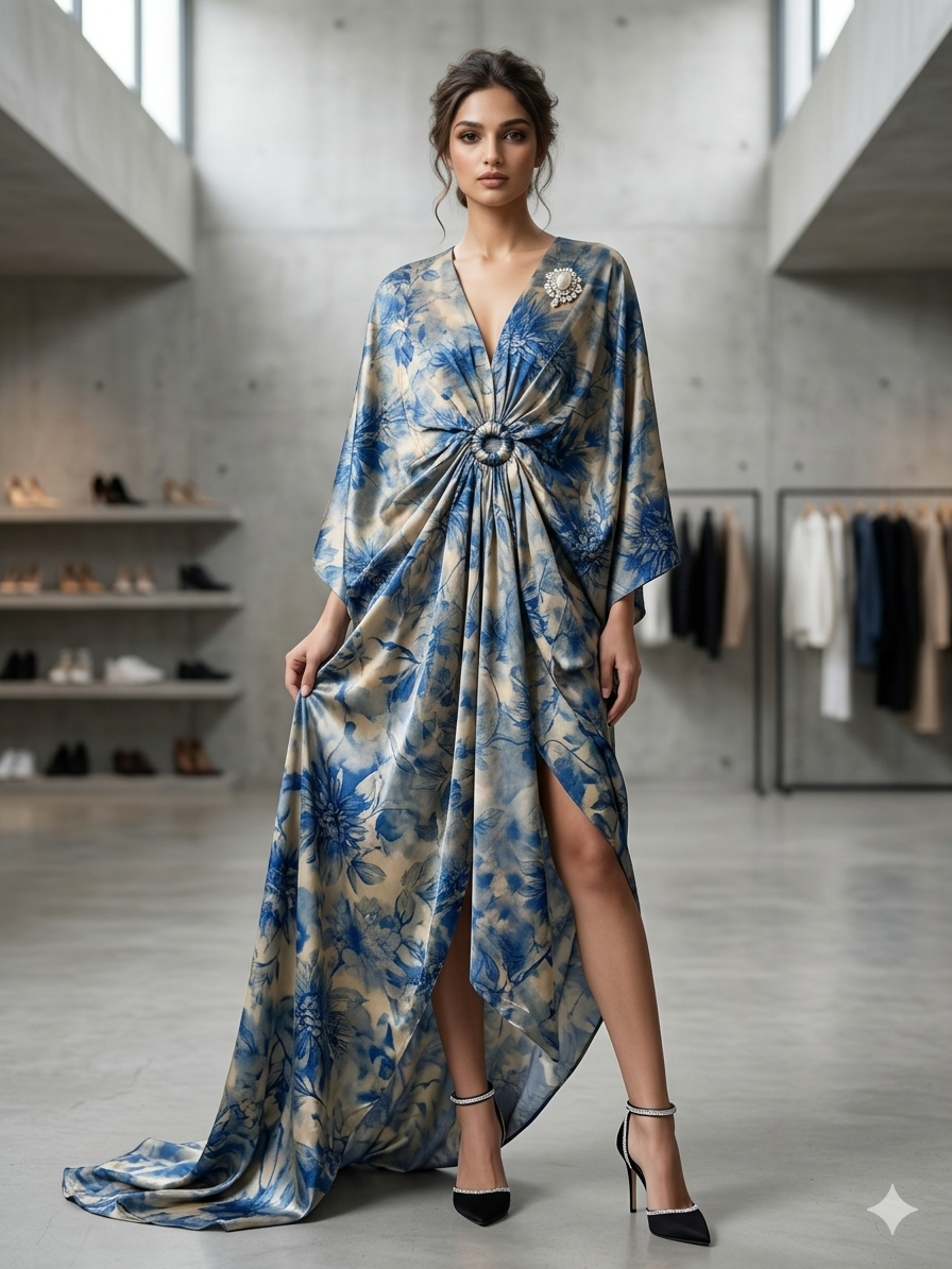 Blue Floral Draped Kaftan – TRY ME