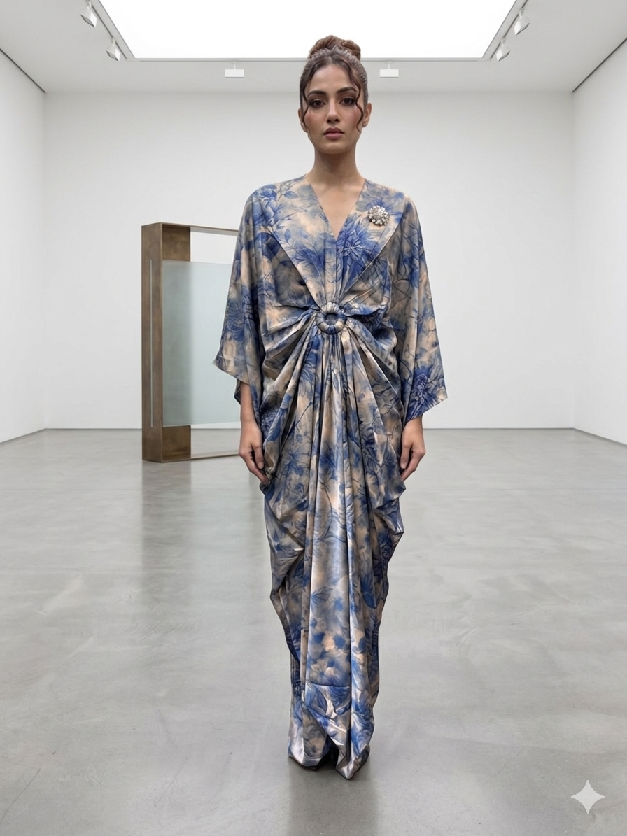 Blue Floral Draped Kaftan – TRY ME