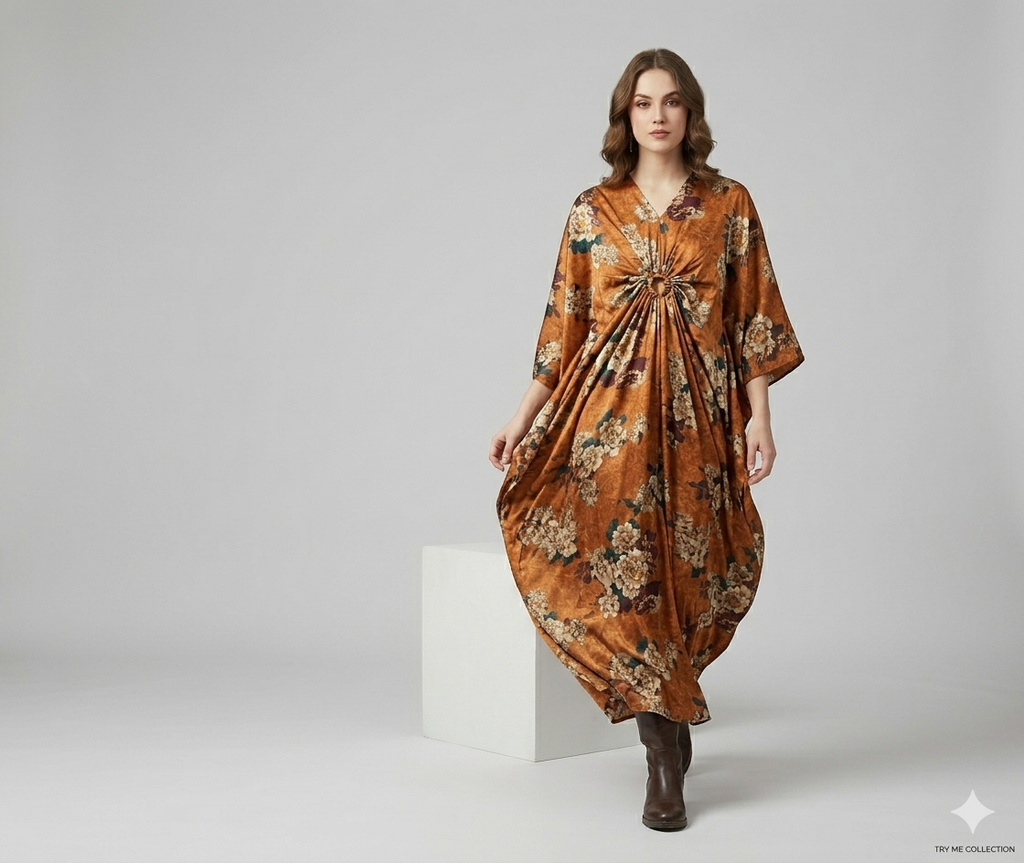 Rust Floral Draped Kaftan – TRY ME