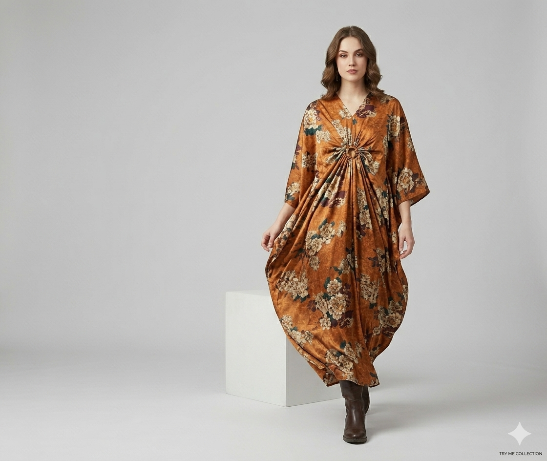 Rust Floral Draped Kaftan – TRY ME