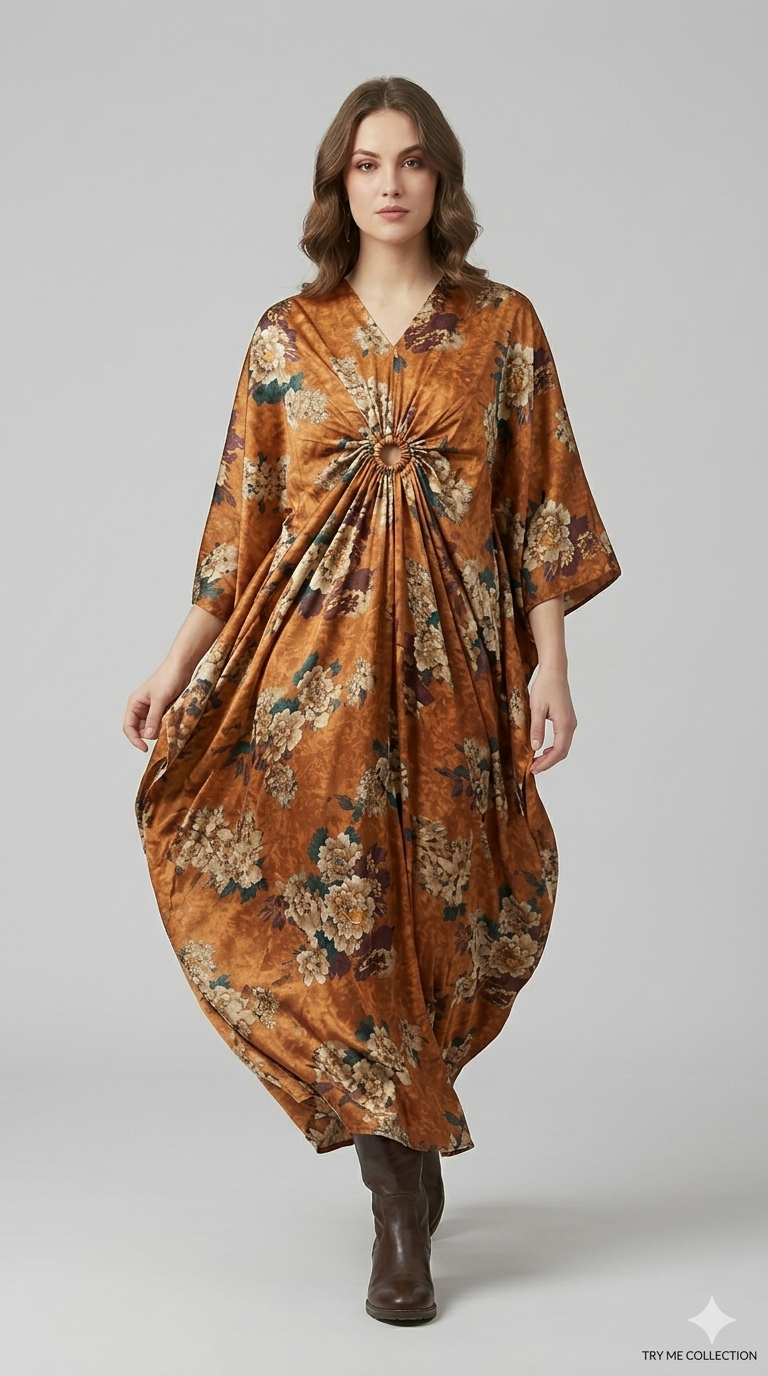 Rust Floral Draped Kaftan – TRY ME