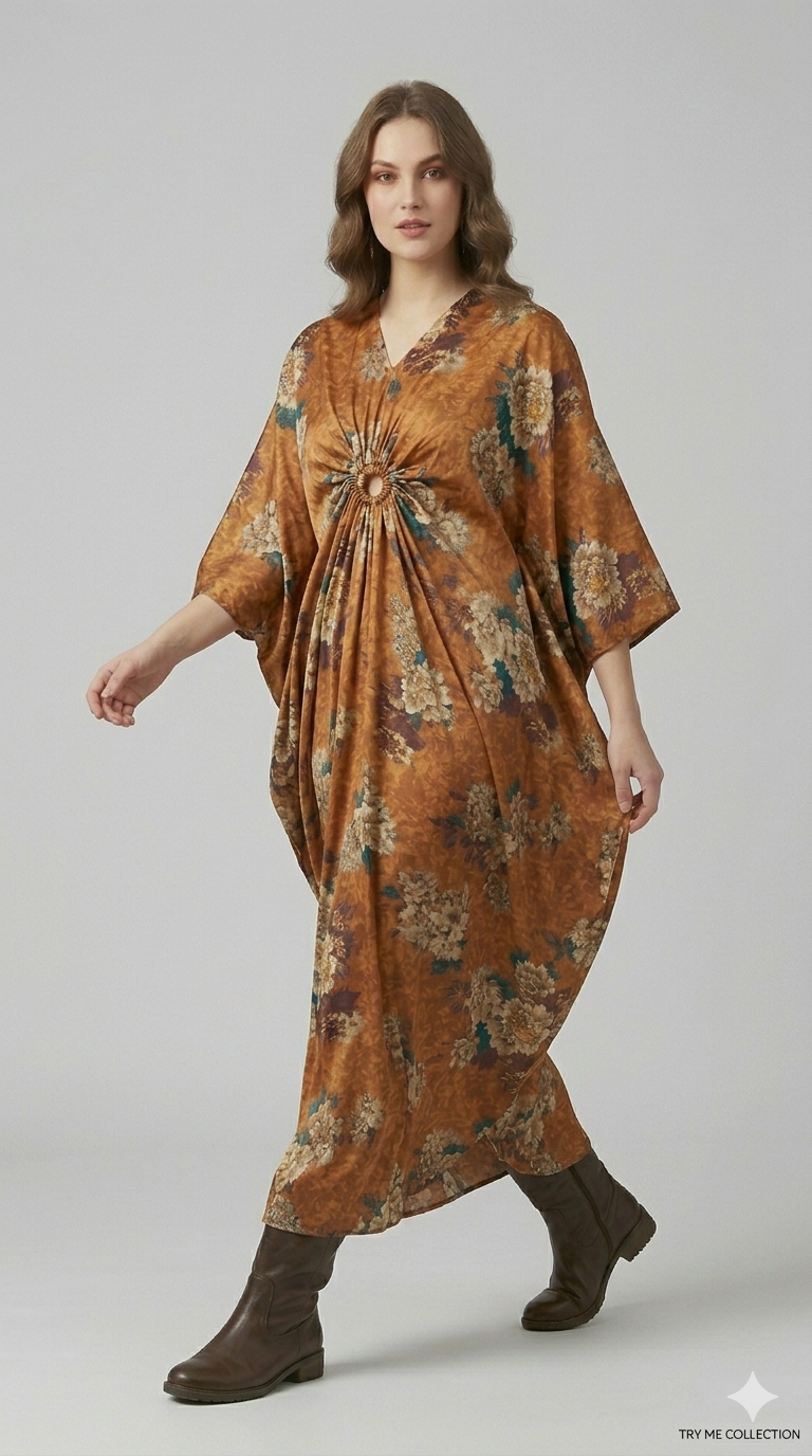 Rust Floral Draped Kaftan – TRY ME
