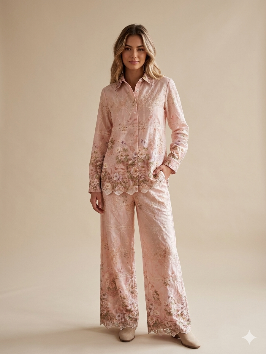 Pink Floral Embroidered Co-ord Set – TRY ME