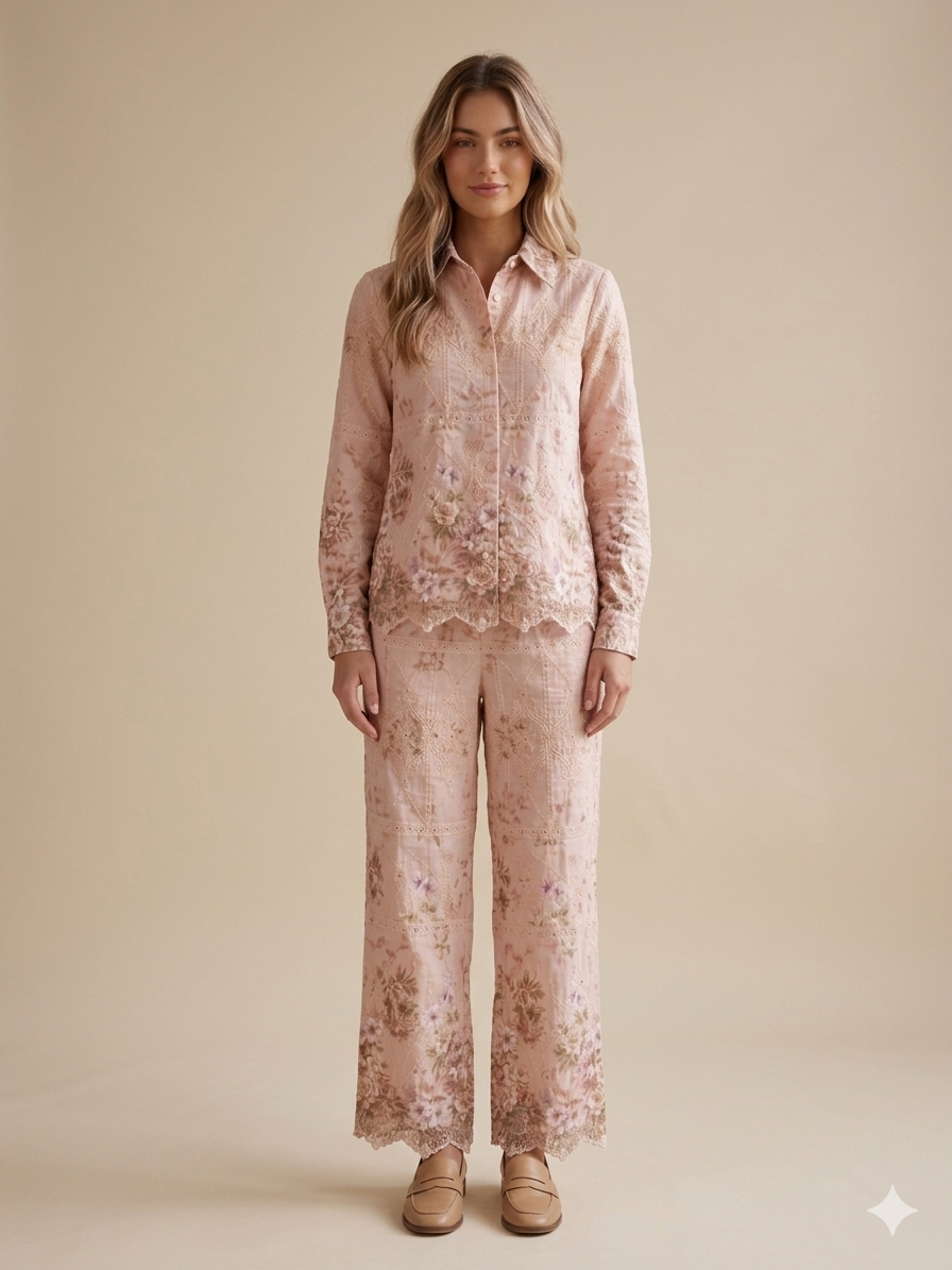 Pink Floral Embroidered Co-ord Set – TRY ME