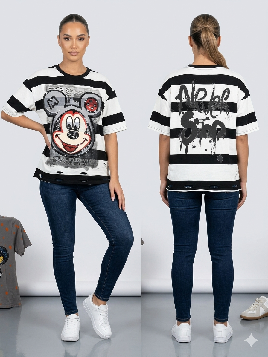 Mickey Sequin Striped Oversized Tee – TRY ME