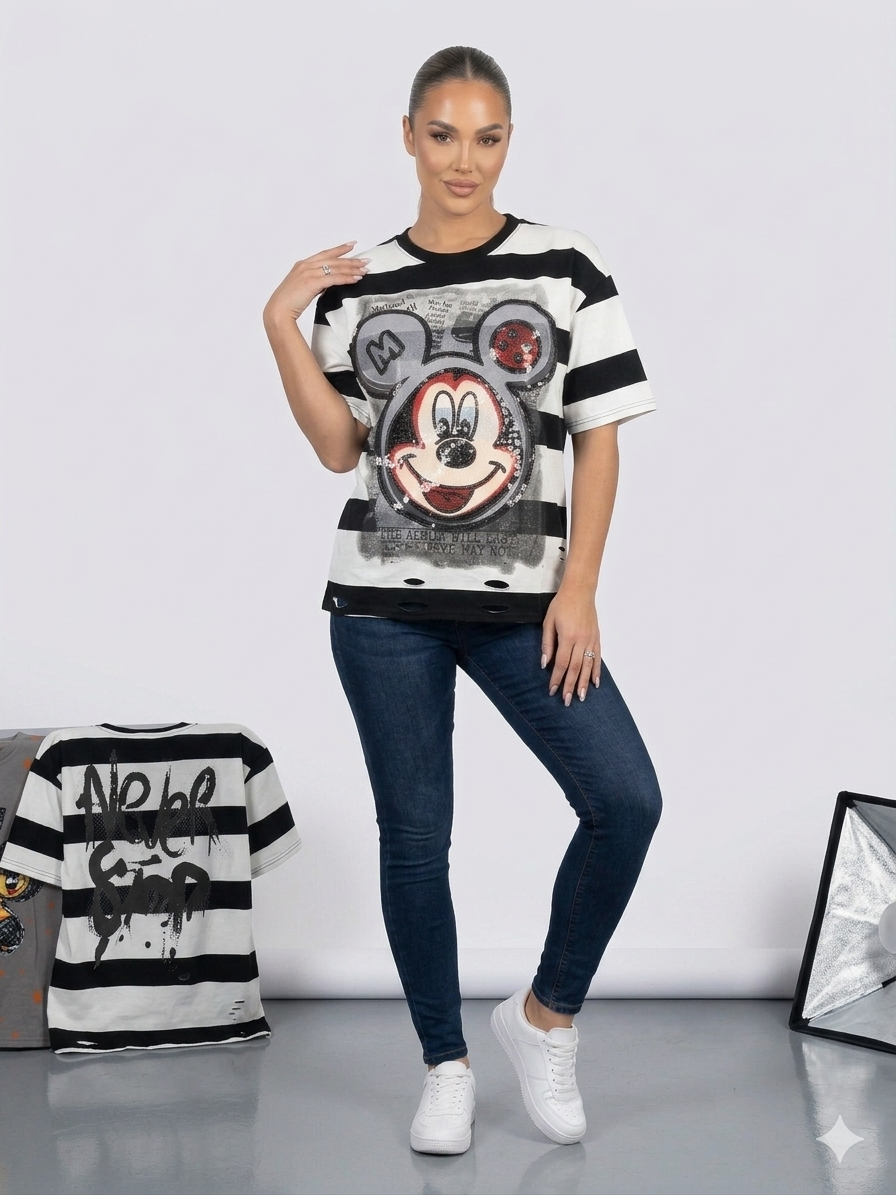 Mickey Sequin Striped Oversized Tee – TRY ME