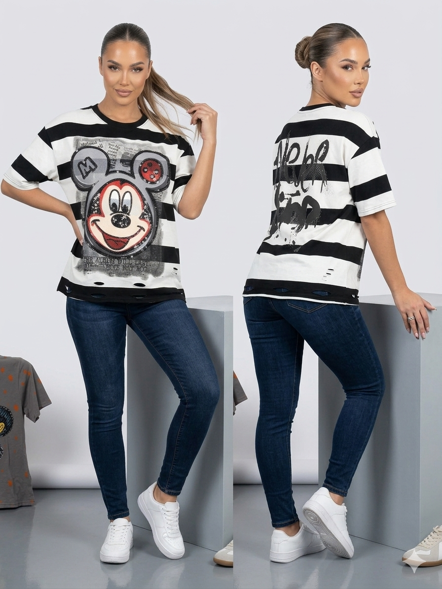 Mickey Sequin Striped Oversized Tee – TRY ME