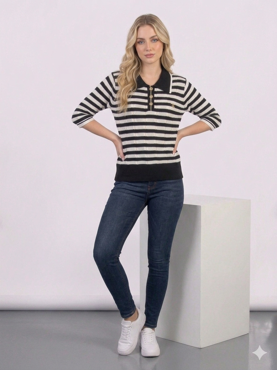 Black & Cream Striped Knit Polo Top – TRY ME
