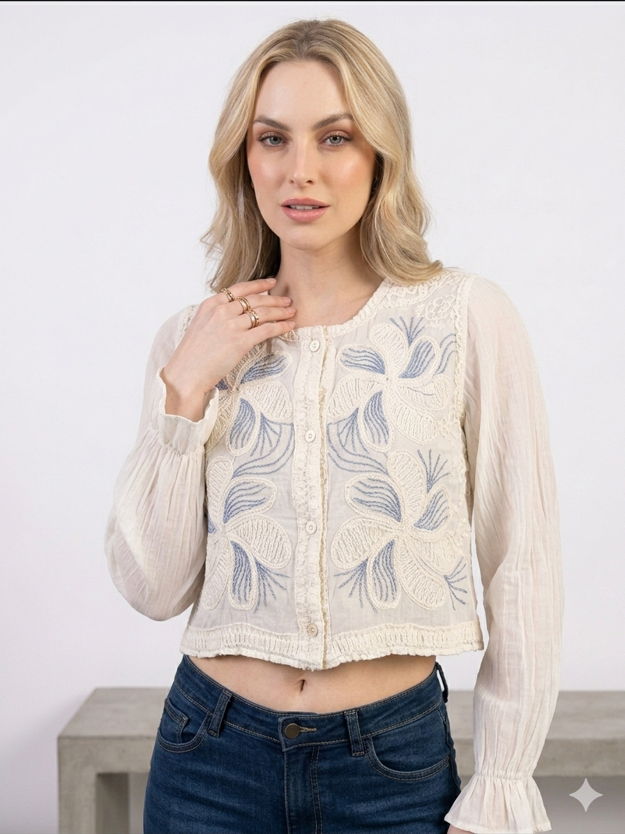 Cream Floral Embroidered Sheer Crop Top – TRY ME