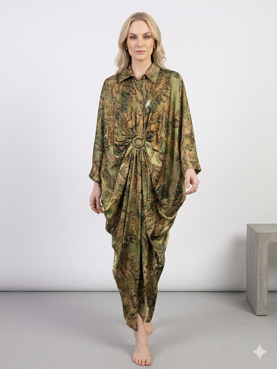 Olive Green Botanical Print Satin Ring-Tie Maxi Dress – TRY ME